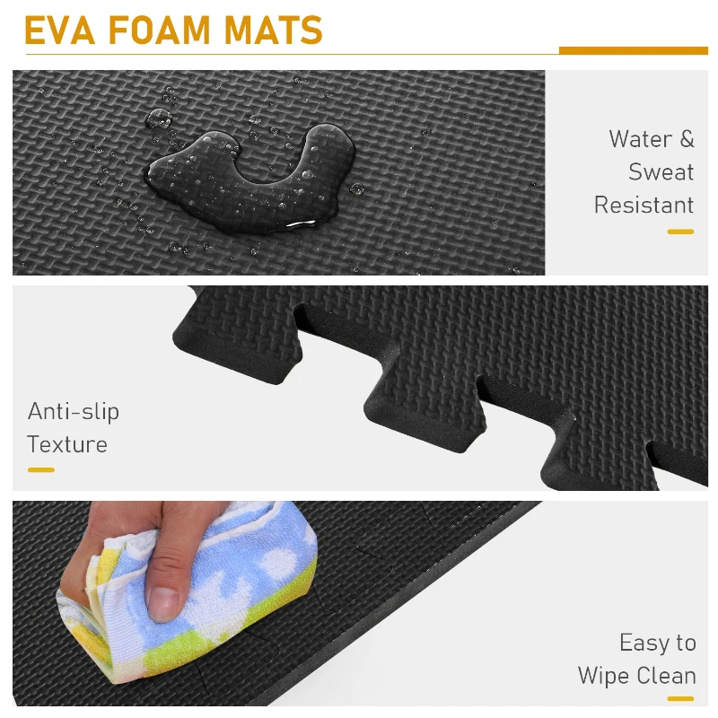 HOMCOM Tapis en Mousse de Protection Sol Tapis de Fitness 62 cm x 62 cm x 1 cm avec Bordures Tapis Puzzle 25 pièces 9,3 m² de Surface Noir