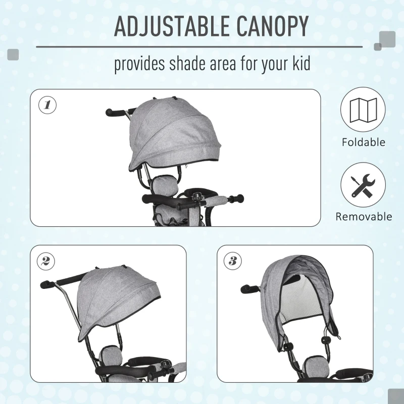 HOMCOM Qaba/HOMCOM Baby Tricycle 2 In 1 Stroller/ Kid Trike with Parent Push Handle Adjustable Canopy Detachable Guardrail Safety Belt Foldable Footrest Storage Basket for Age 6-60 Months Grey