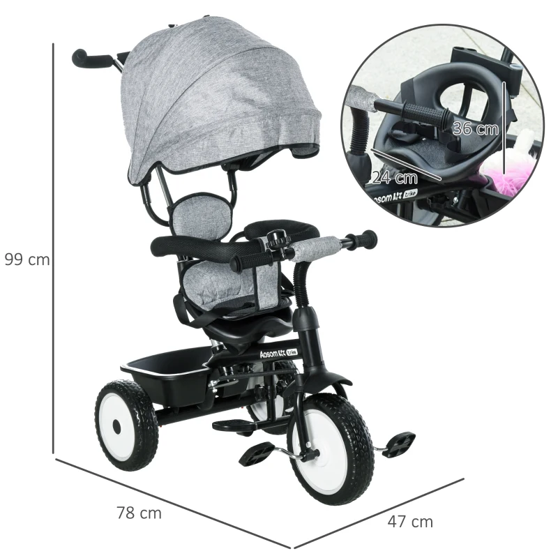 HOMCOM Qaba/HOMCOM Baby Tricycle 2 In 1 Stroller/ Kid Trike with Parent Push Handle Adjustable Canopy Detachable Guardrail Safety Belt Foldable Footrest Storage Basket for Age 6-60 Months Grey