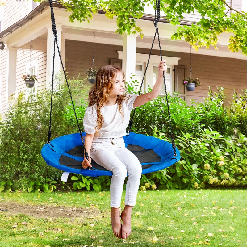 Outsunny Baloiço com Tenda Infantil Baloiço Ninho com Porta Enrolável e 2 Janelas de Malha para Crianças e Adultos Carga Máxima 200kg Interior e Exterior Ø100x180 cm Preto e Azul
