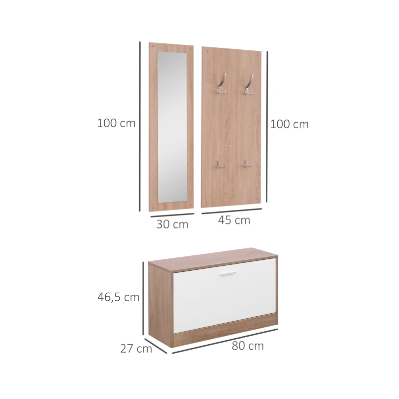 HOMCOM Set 3 Piese Dulap Pantofi cu Cuier si Oglinda pentru Hol in Lemn, 80x27x46.5cm(m-3)