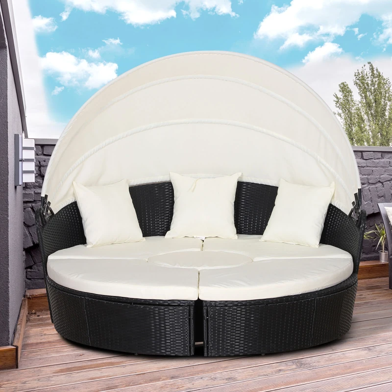 Outsunny 5 Piece Cushioned Outdoor Plastic Rattan Wicker Round Sofa Bed Coffee Table Sectional Patio Conversation Furniture Set - Black
