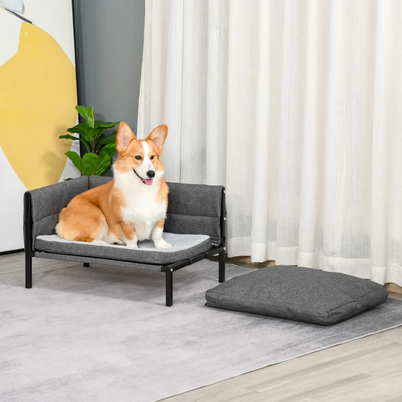 PawHut Cama para Perros Elevada 63,5x49x38,5 cm Sofá Cama para Mascotas con Cojines Extraíbles Lavables para Perros Gatos Medianos y Pequeños Carga 10 kg Gris