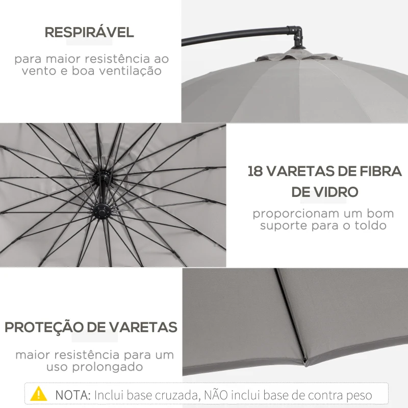 Outsunny Chapéu de Sol Excêntrico Ø296x260cm Chapéu de Sol à Manivela com Ângulo Ajustável para Jardim Pátio Terraço Piscina Cinza Claro