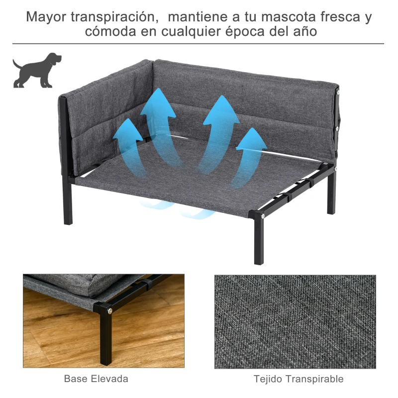 PawHut Cama para Perros Elevada 63,5x49x38,5 cm Sofá Cama para Mascotas con Cojines Extraíbles Lavables para Perros Gatos Medianos y Pequeños Carga 10 kg Gris