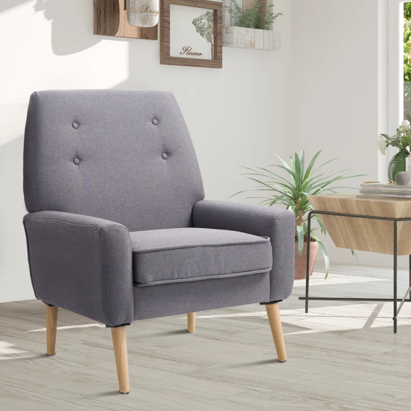 HOMCOM Nordic Single Cushion Padded Chair Wooden Armchair  Button Tufted Seat Sponge Scandinavian Living Room Bedroom