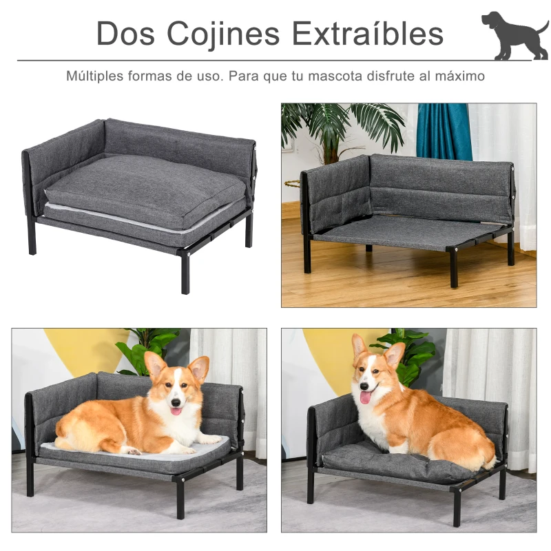 PawHut Cama para Perros Elevada 63,5x49x38,5 cm Sofá Cama para Mascotas con Cojines Extraíbles Lavables para Perros Gatos Medianos y Pequeños Carga 10 kg Gris