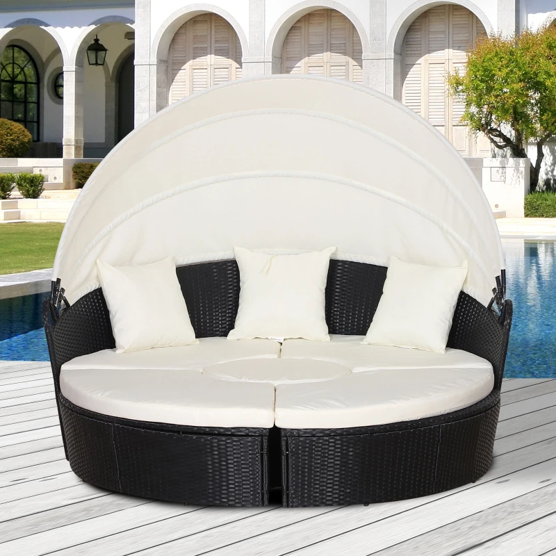 Outsunny 5 Piece Cushioned Outdoor Plastic Rattan Wicker Round Sofa Bed Coffee Table Sectional Patio Conversation Furniture Set - Black