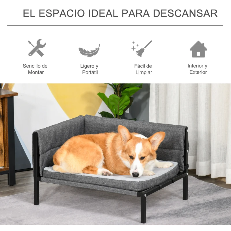PawHut Cama para Perros Elevada 63,5x49x38,5 cm Sofá Cama para Mascotas con Cojines Extraíbles Lavables para Perros Gatos Medianos y Pequeños Carga 10 kg Gris