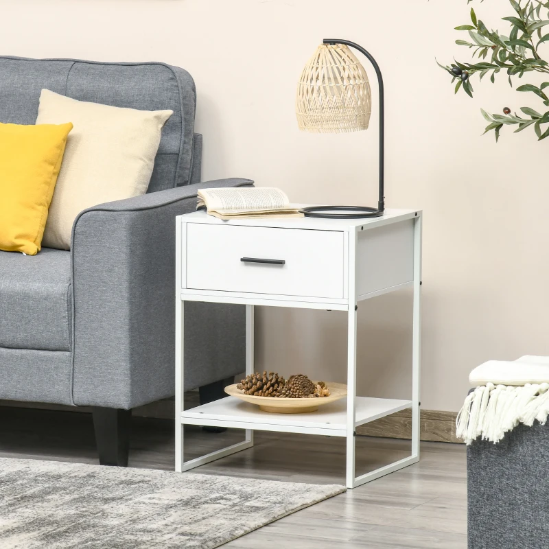 Noptiera moderna HOMCOM, noptiera cu raft cu sertar, dulap de depozitare pentru dormitor, living, alb