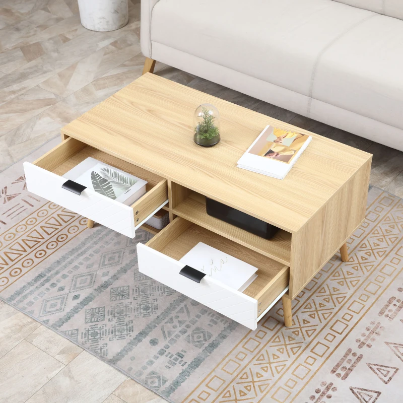 HOMCOM Table basse table de salon style scandinave avec 2 tiroirs et niches ouvertes pieds effilés en bois massif de pin 100 x 50 x 47 cm
