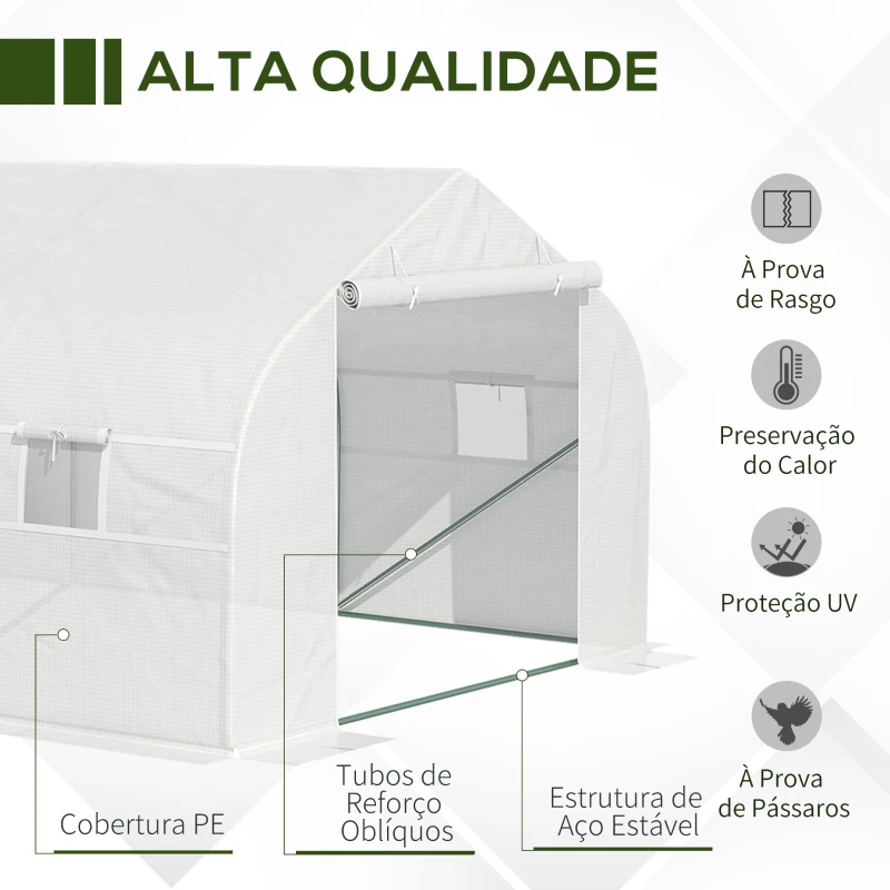 Outsunny Estufa Tipo Túnel de Jardim 600x300x200cm para Cultivo de Plantas Verduras com 8 Janelas e Porta Enroláveis com Zíper Aço Branco