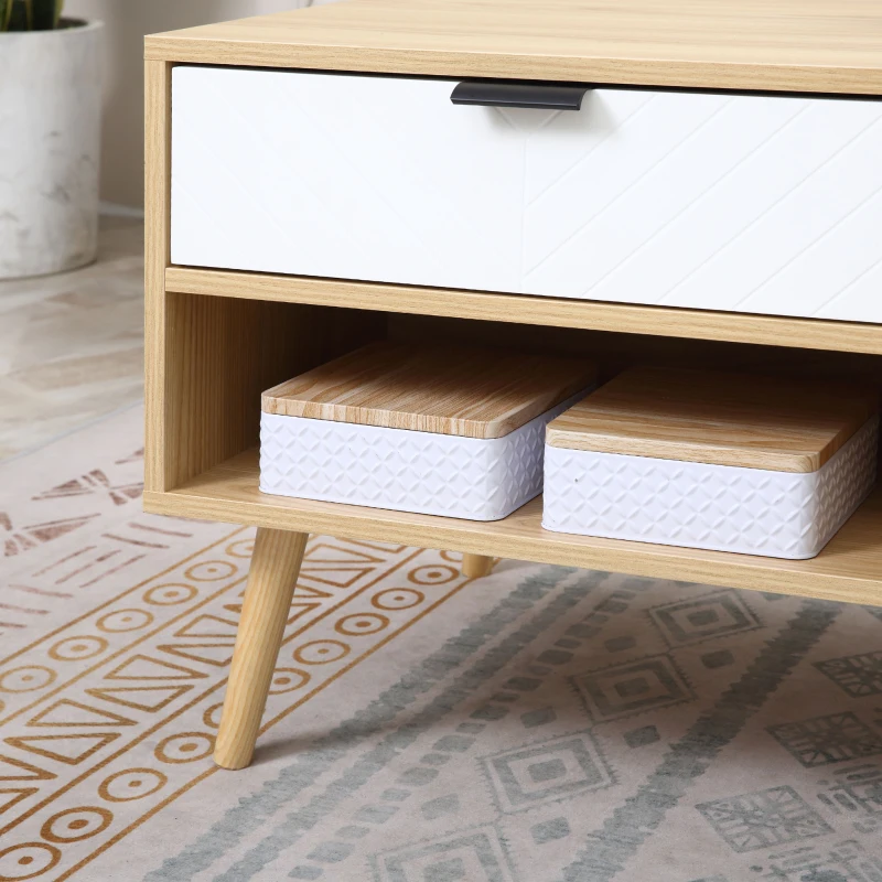 HOMCOM Table basse table de salon style scandinave avec 2 tiroirs et niches ouvertes pieds effilés en bois massif de pin 100 x 50 x 47 cm