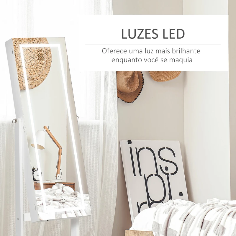 HOMCOM Joalheiro de Pé Armário para Jóias com Fita de Luz LED e Fechadura Magnética Organizador de Jóias com Prateleiras Ranhuras para Anéis Brincos 46x36,5x151,5cm Branco