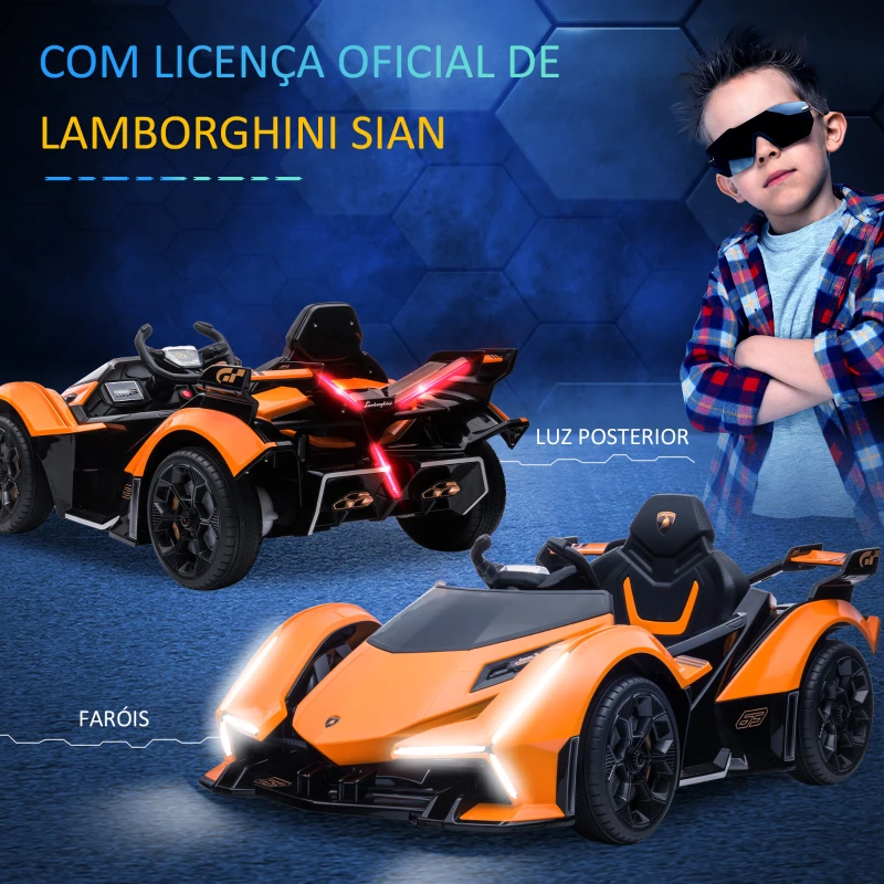 HOMCOM Carro Elétrico Lamborghini V12 12V para Crianças de 3-6 Anos com Controle Remoto Faróis com Luz LED Música MP3 USB e Abertura da Porta 117x66x50cm Laranja