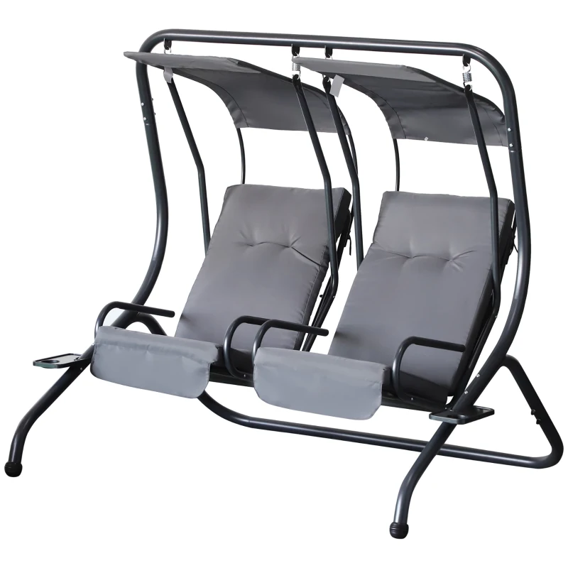 Outsunny 2 Seat Modern Outdoor Swing Chairs With Handrails and Removable Canopy - Grey