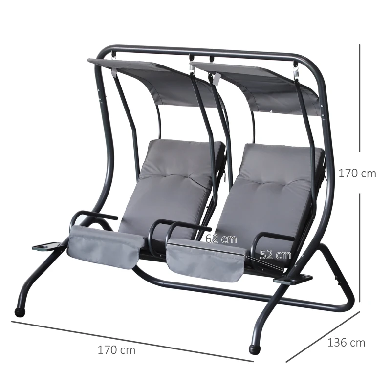 Outsunny 2 Seat Modern Outdoor Swing Chairs With Handrails and Removable Canopy - Grey