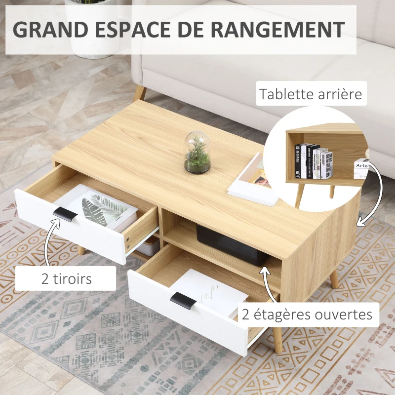 HOMCOM Table basse table de salon style scandinave avec 2 tiroirs et niches ouvertes pieds effilés en bois massif de pin 100 x 50 x 47 cm