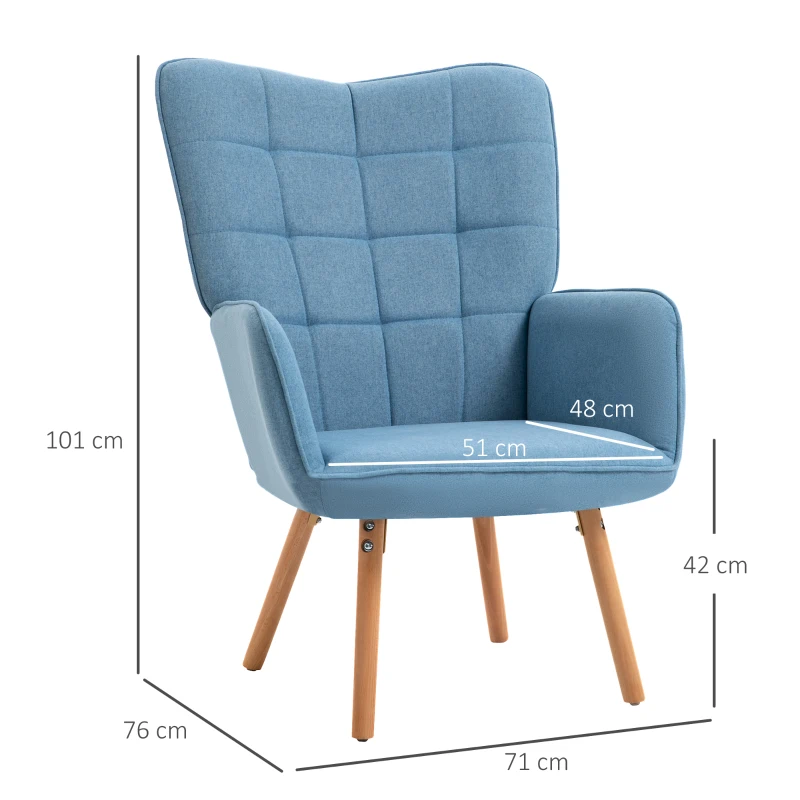 HOMCOM Poltrona de Sala de Estar Moderna Poltrona com Encosto Alto Apoio para os Braços Tecido de Linho e Pés de Madeira de Faia para Sala de Jantar Cozinha 71x76x101cm Azul