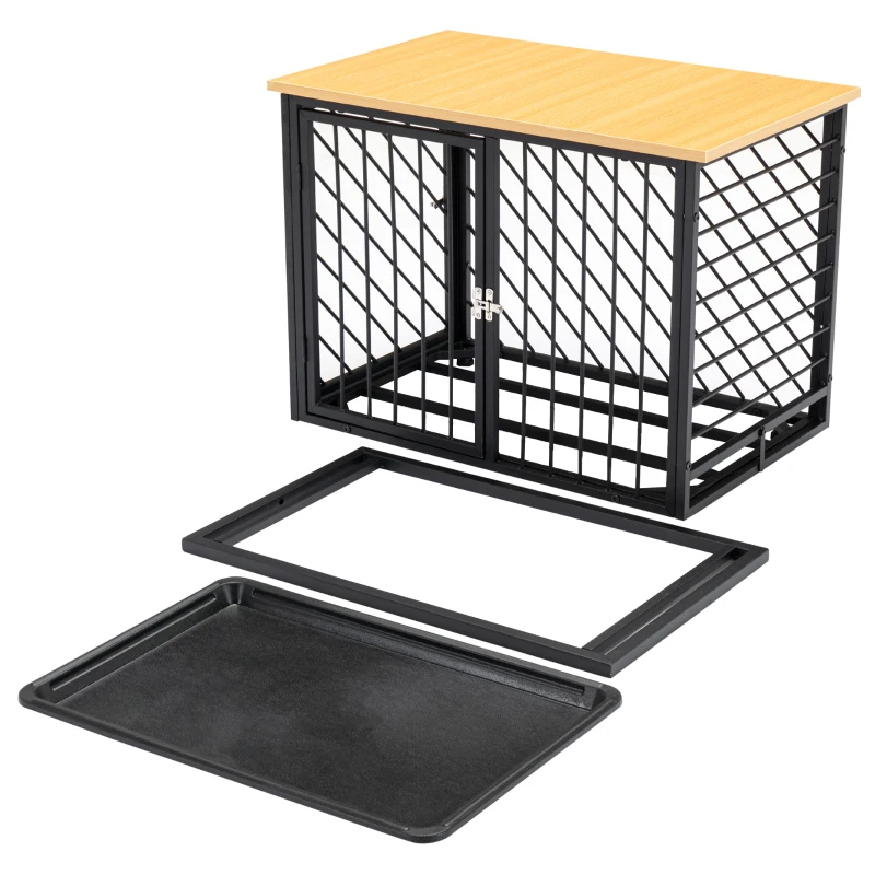 PawHut Steel Dog Crate Small Medium Dog Kennel Two Doors Tray Large Top Pet Cage 76L x 48W x 53H cm, Black