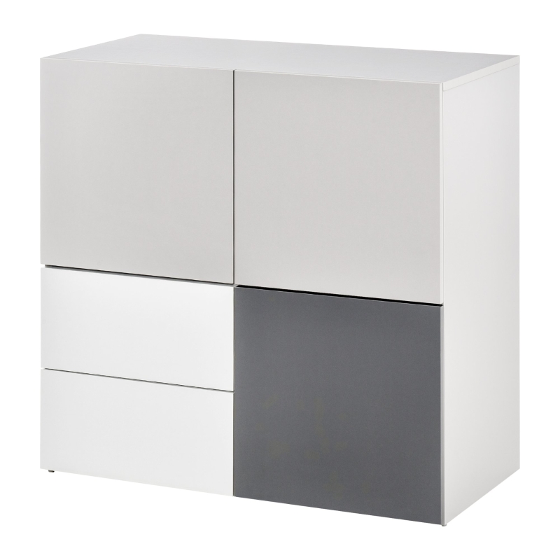 HOMCOM Buffet 2 tiroirs coulissants 3 portes panneaux particules tricolore gris clair, foncé et blanc