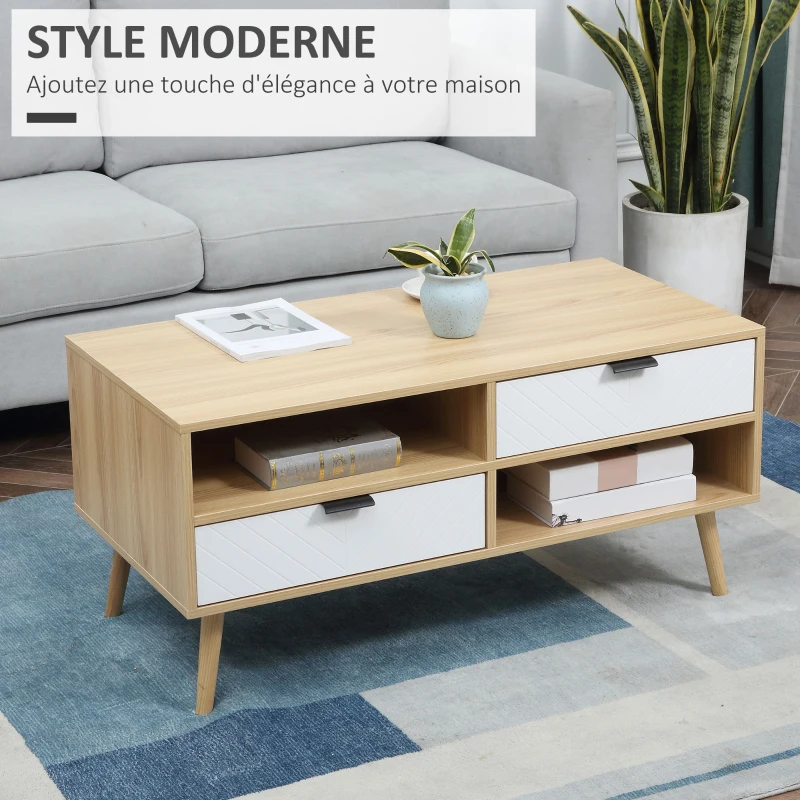 HOMCOM Table basse table de salon style scandinave avec 2 tiroirs et niches ouvertes pieds effilés en bois massif de pin 100 x 50 x 47 cm