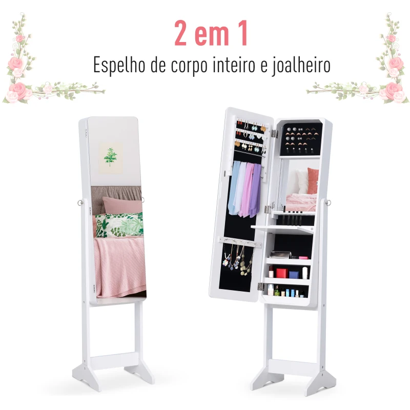 HOMCOM  Armário para Joias Luzes LED de luz Reclinável  Madeira 30x36x146cm  cor Branco