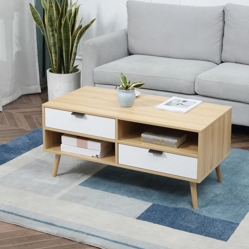 HOMCOM Table basse table de salon style scandinave avec 2 tiroirs et niches ouvertes pieds effilés en bois massif de pin 100 x 50 x 47 cm