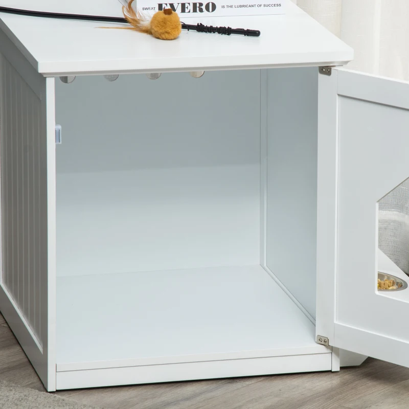 PawHut Maison de toilette pour chat design niche cabane pour chat meuble cache litière chat 1 porte avec 2 gamelles - 64 x 51 x 51,8 cm MDF blanc