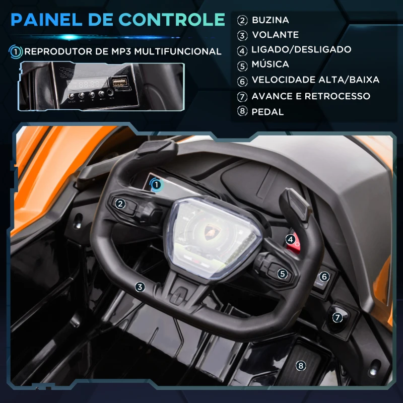 HOMCOM Carro Elétrico Lamborghini V12 12V para Crianças de 3-6 Anos com Controle Remoto Faróis com Luz LED Música MP3 USB e Abertura da Porta 117x66x50cm Laranja