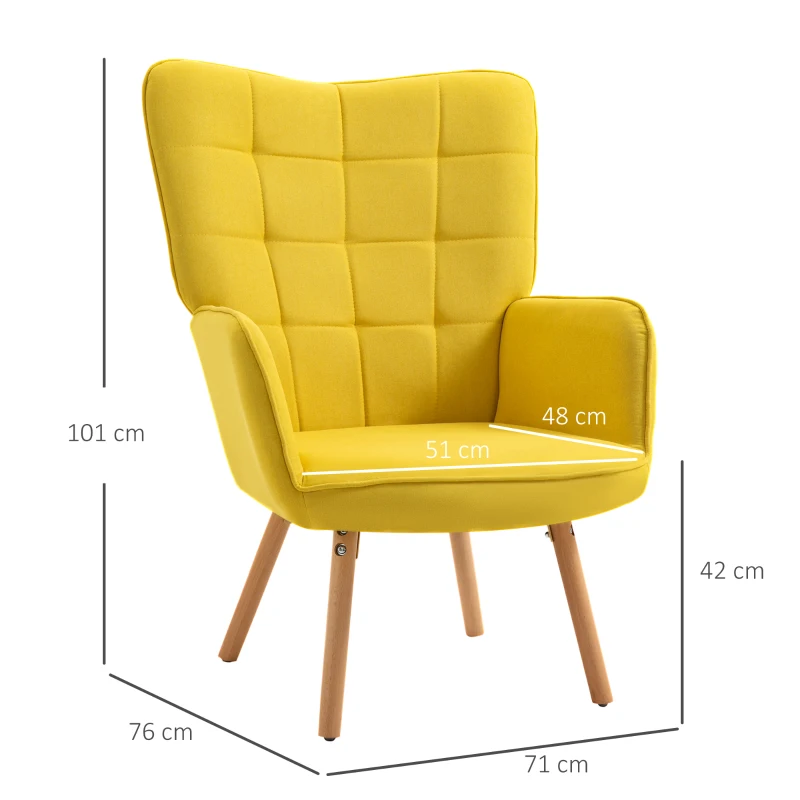 HOMCOM Poltrona de Sala de Estar Moderna Poltrona com Encosto Alto Apoio para os Braços Tecido de Linho e Pés de Madeira de Faia para Sala de Jantar Cozinha 71x76x101 cm Amarelo