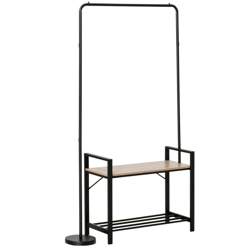 HOMCOM Suporte para Cabides com Sapateiro e Banco 3 em 1 Cabideiro Giratório 360° com Prateleira 159x30x159cm Preto e Madeira