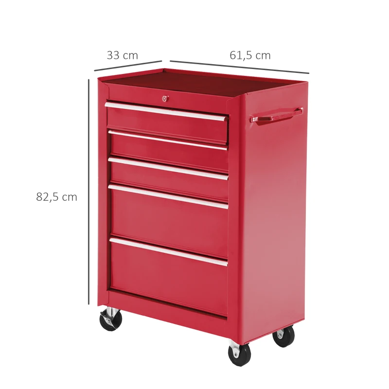 HOMCOM Carrinho de Ferramentas para Oficina com Rodas e 5 Gavetas Fechadura e Alça Lateral 61,5x33x85 cm Vermelho