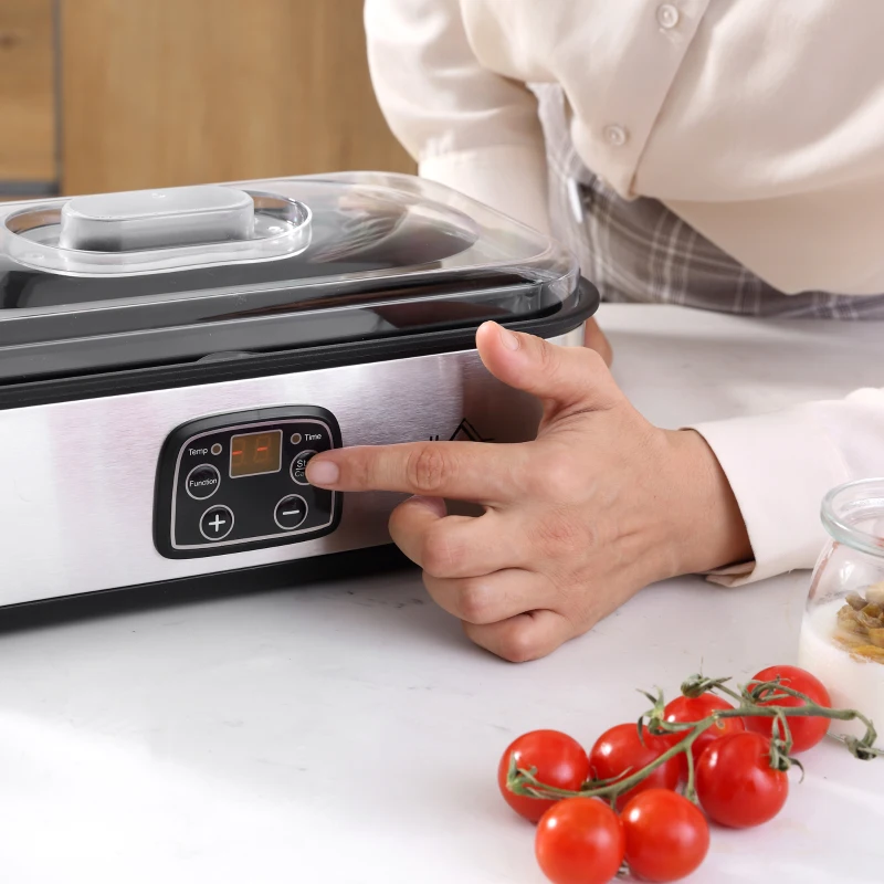 HOMCOM Yoghurt Maker with 8 180ml Glass Jars, Stainless Steel Yogurt Machine with Timer, Adjustable Thermostat and LCD Display for Healthy Homemade Desserts