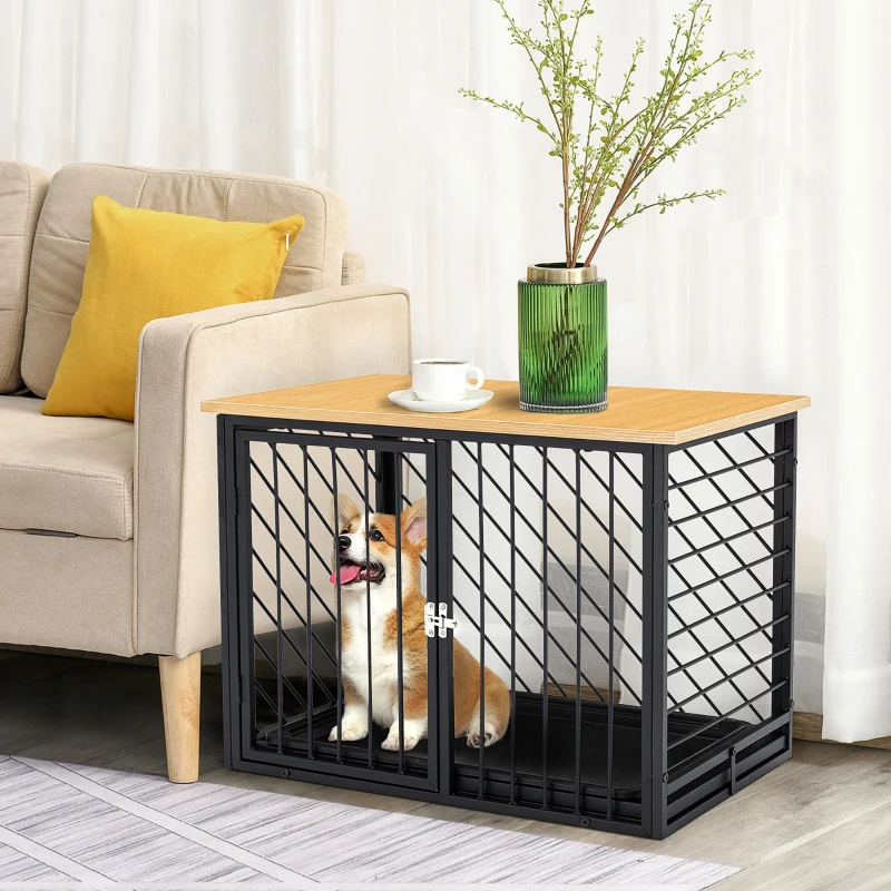 PawHut Steel Dog Crate Small Medium Dog Kennel Two Doors Tray Large Top Pet Cage 76L x 48W x 53H cm, Black