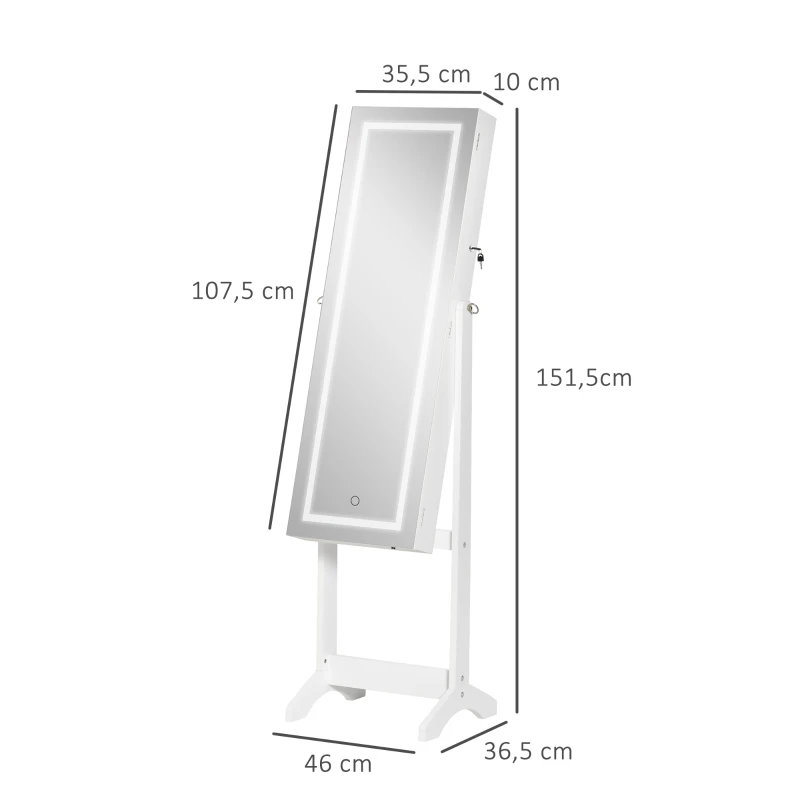 HOMCOM Joalheiro de Pé Armário para Jóias com Fita de Luz LED e Fechadura Magnética Organizador de Jóias com Prateleiras Ranhuras para Anéis Brincos 46x36,5x151,5cm Branco