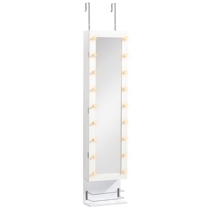 HOMCOM Espelho com Móvel de Bijuterias de Parede ou Porta Armário Guarda Jóias com 18 Luzes LED Altura Ajustável e Prateleira Aberta Organizador de Jóias 31,7x13,4x130cm Branco