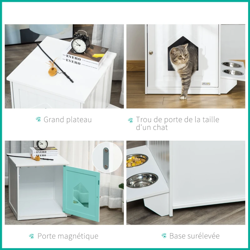 PawHut Maison de toilette pour chat design niche cabane pour chat meuble cache litière chat 1 porte avec 2 gamelles - 64 x 51 x 51,8 cm MDF blanc
