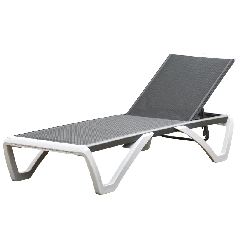 Outsunny Portable Outdoor Chaise Lounge Sun Lounger with Adjustable Back, Breathable Texteline, Light Grey