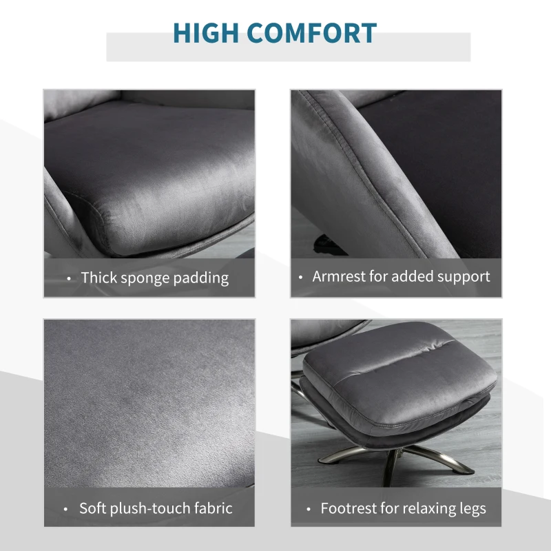 HOMCOM 2 Pieces Modern Stylish Ergonomic Tilt Leisure Armchair w/ Ottoman Grey Silver
