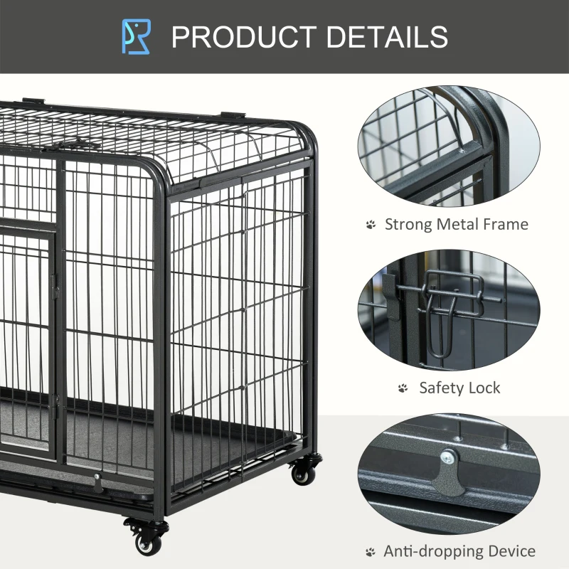 PawHut Heavy Duty Metal Dog Crates Foldable Puppy Kennel Pet Cage Playpen with Double Door Removable Tray Wheels with Brake Dark Grey