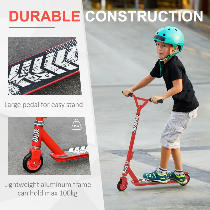 HOMCOM Outdoor Push Stunt Scooter 2 Wheels Fixed Bar 360° Street Commuter Street Push Scooter For Adult Teen Urban Scooter Red