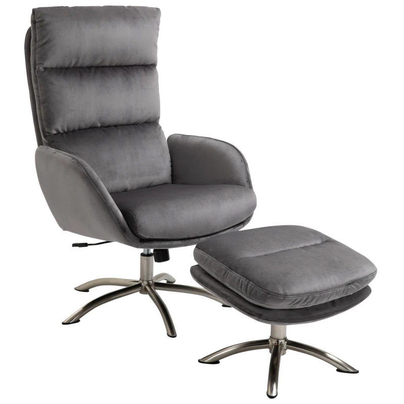 HOMCOM 2 Pieces Modern Stylish Ergonomic Tilt Leisure Armchair w/ Ottoman Grey Silver