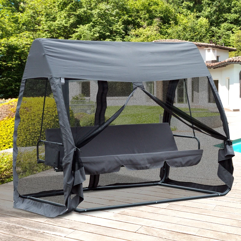Outsunny Baloiço de Jardim de 3 Lugares Convertível em Cama com Rede Mosquiteira Carga Máxima 300kg 240x140x197cm Cinza