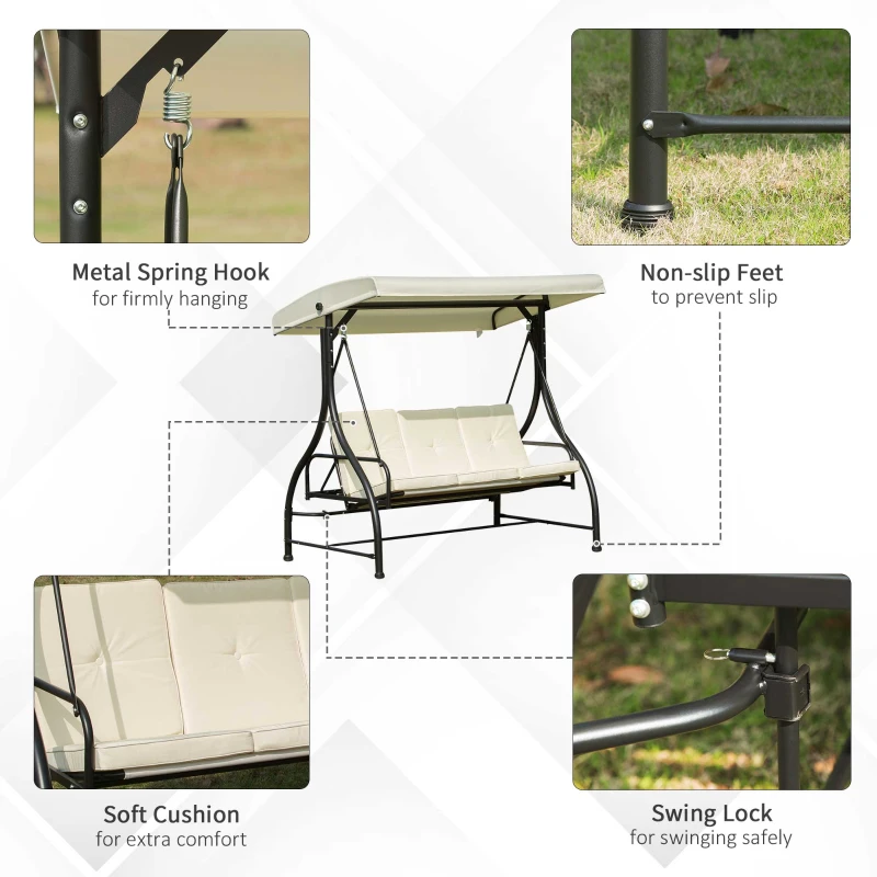 Outsunny Leagan Recliner de Gradina cu Acoperis Parasolar pentru 3 Persoane, 196 x 117 x 178cm Crem