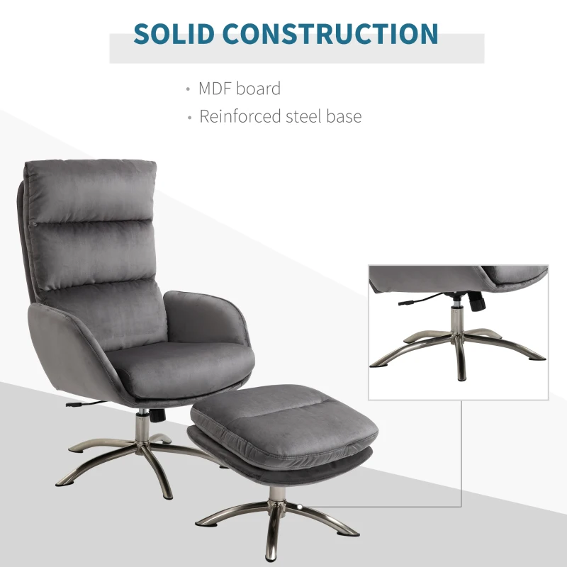 HOMCOM 2 Pieces Modern Stylish Ergonomic Tilt Leisure Armchair w/ Ottoman Grey Silver