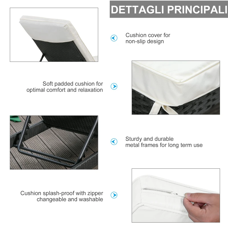 Outsunny Set 2 Sezlonguri de Gradina in PE Rattan Negru cu Perna Captusita