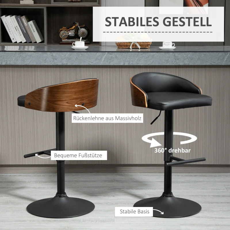 HOMCOM Set of 2 Bar Stools Swivel Bar Chairs with Footrest Height Adjustable Kitchen Chairs Swivel Chairs Faux Leather Wood Black+Coffee 48 x 49.5 x 76-96 cm