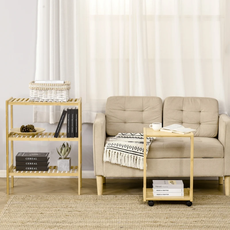 HOMCOM Tavolino da Divano con 4 Ruote e Design a C, Struttura Salvaspazio in Bambù per Salotto, 39x35.5x59cm, Colore Naturale