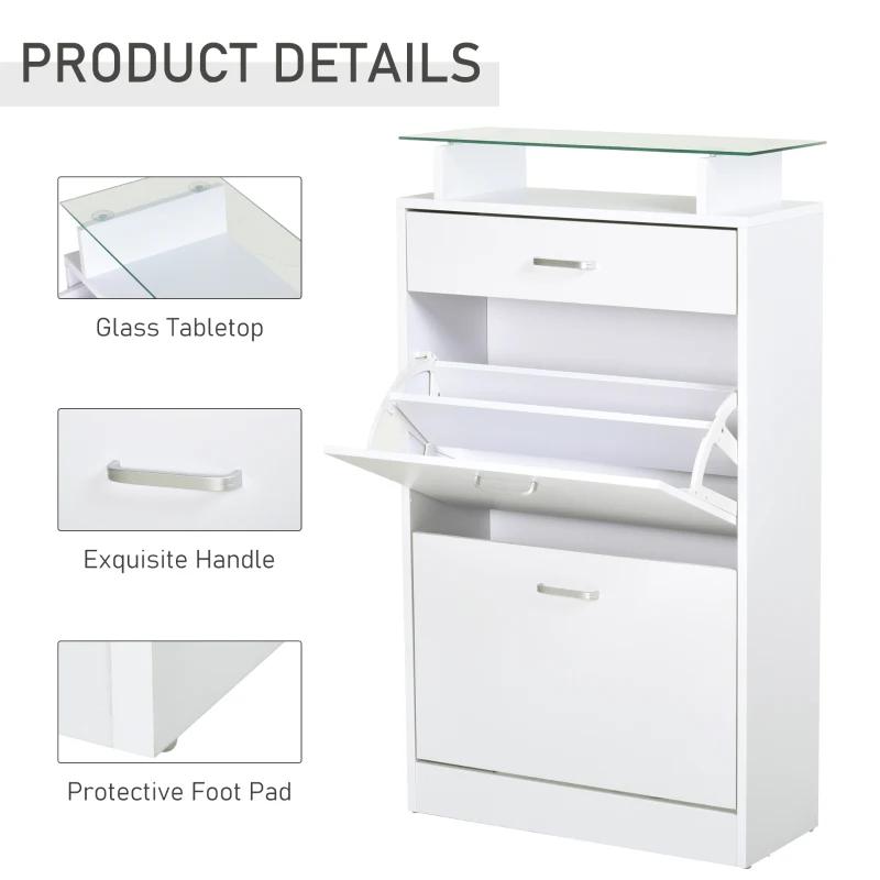HOMCOM Multi-Functional Drawer Shoe Cabinet with Glass Top Entryway Boots Storage Rack